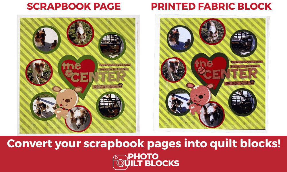 photo of scrapbook page printed on a photo quilt block