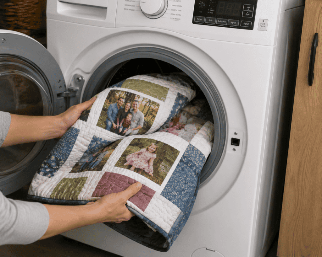 photo quilt being put in the washing machine
