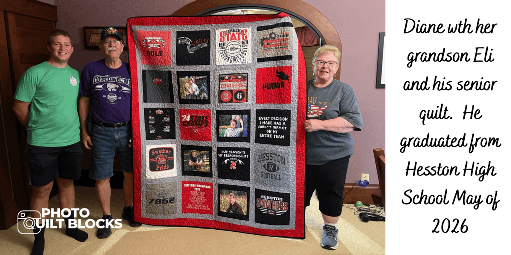 diane with her grandson and graduation quilt