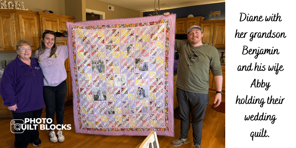 diane with grandson and wife and their wedding quilt